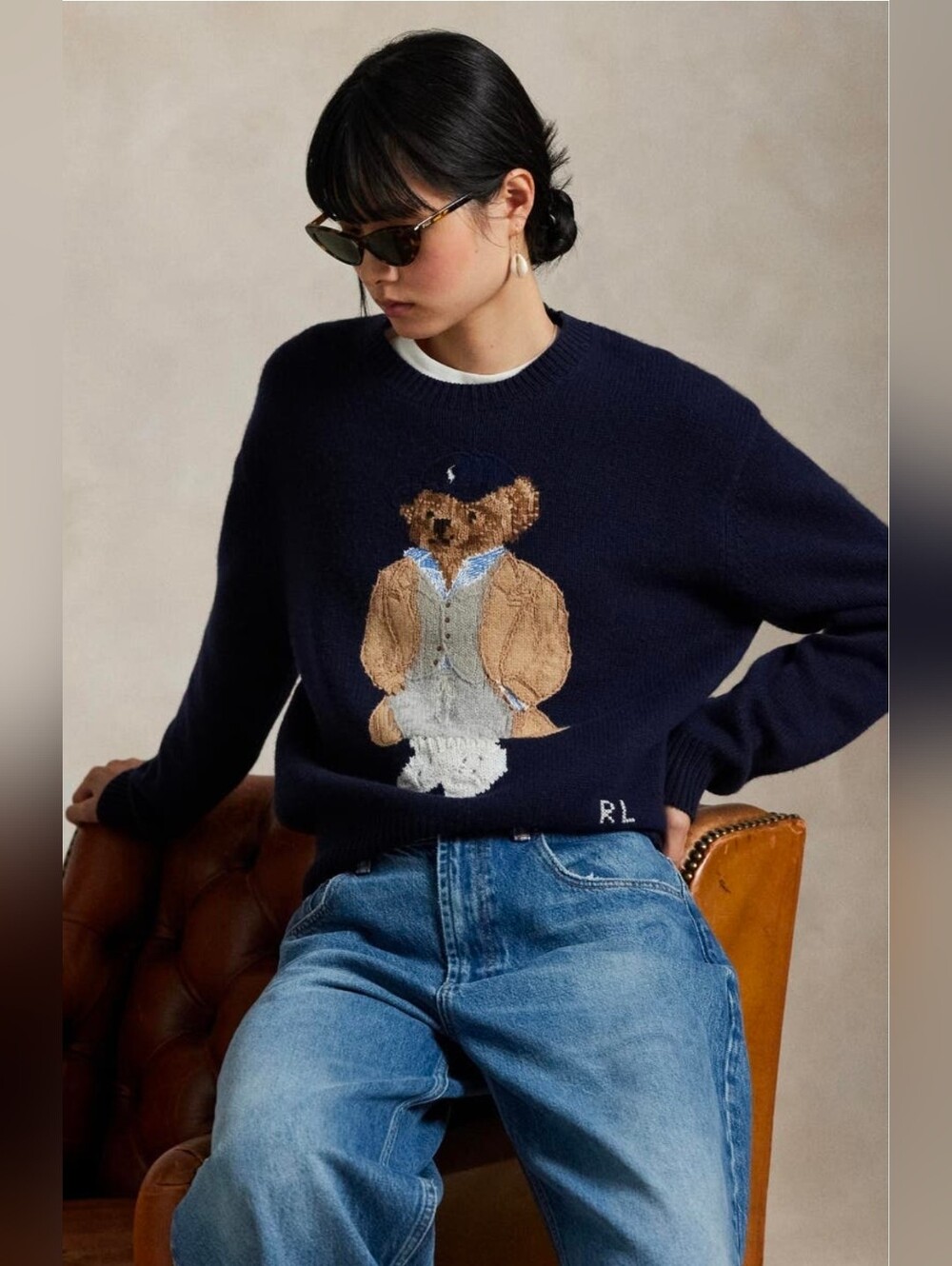 🐻 Polo by Ralph Lauren Navy Wool Cashmere Crewneck Sweater with Bear Intarsia S - Picture 4 of 16